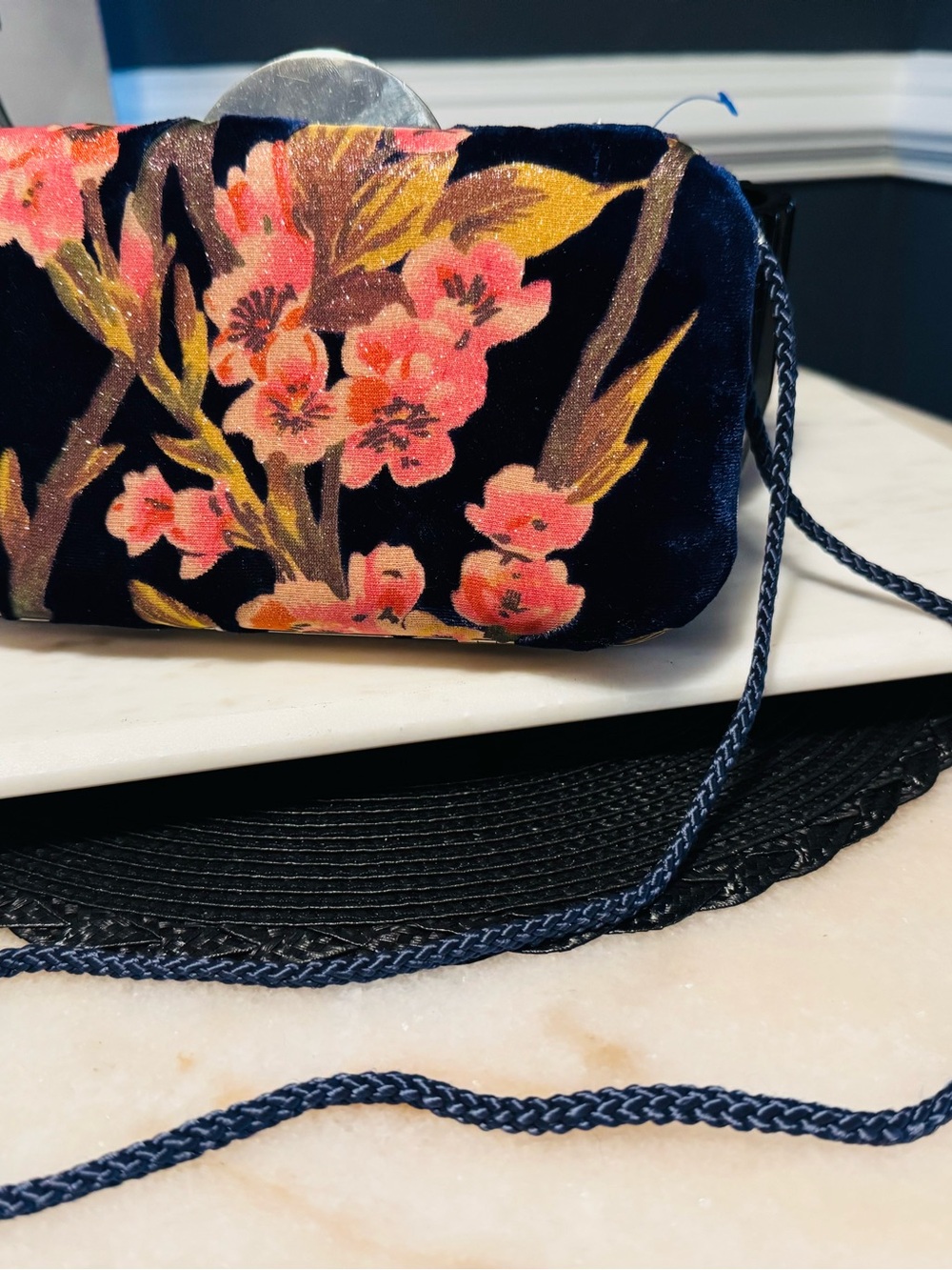 Floral Velvet Evening Clutch - Navy with Pink Blooms